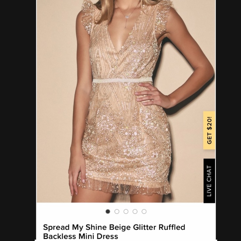 Beige Glitter Ruffled Backless Mini Dress